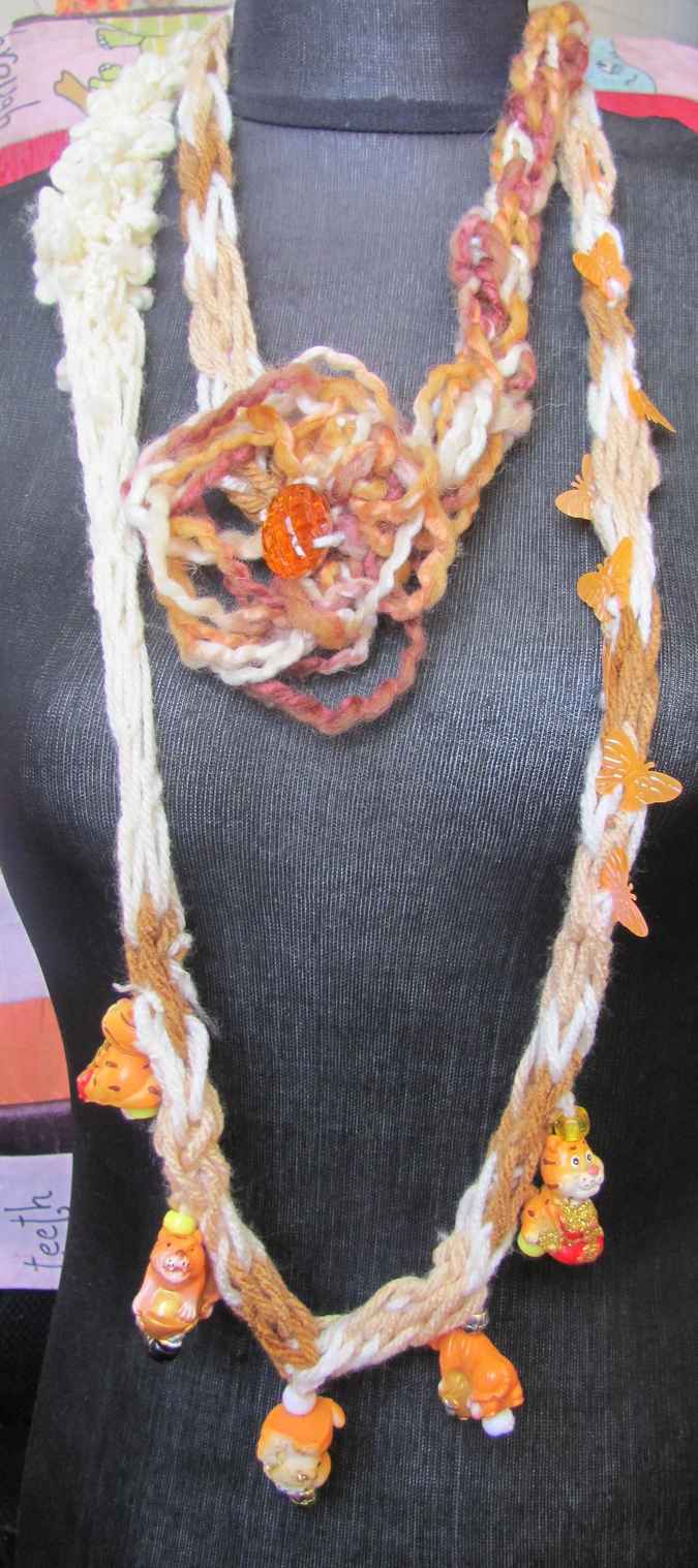 large image of art item: accessory &ndash; necklace crochet orange white flower animals wooden