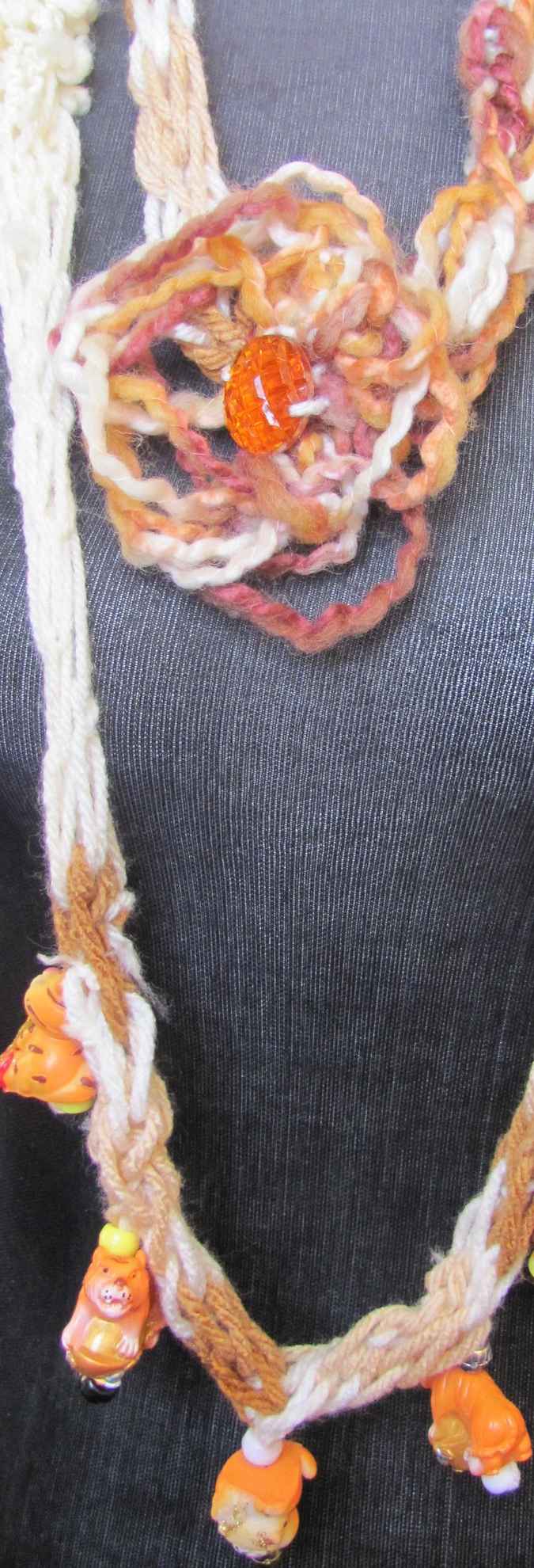 large image of art item: accessory &ndash; necklace crochet orange white flower animals wooden
