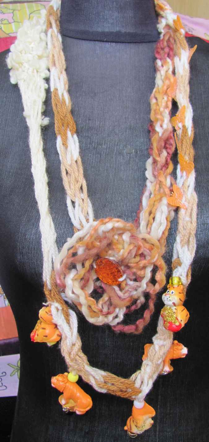 large image of art item: accessory &ndash; necklace crochet orange white flower animals wooden