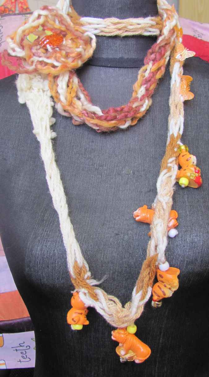 large image of art item: accessory &ndash; necklace crochet orange white flower animals wooden