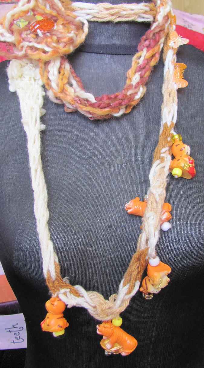 large image of art item: accessory &ndash; necklace crochet orange white flower animals wooden