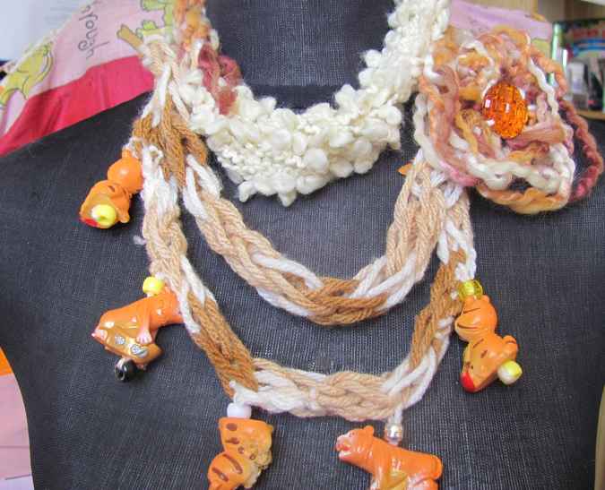 large image of art item: accessory &ndash; necklace crochet orange white flower animals wooden