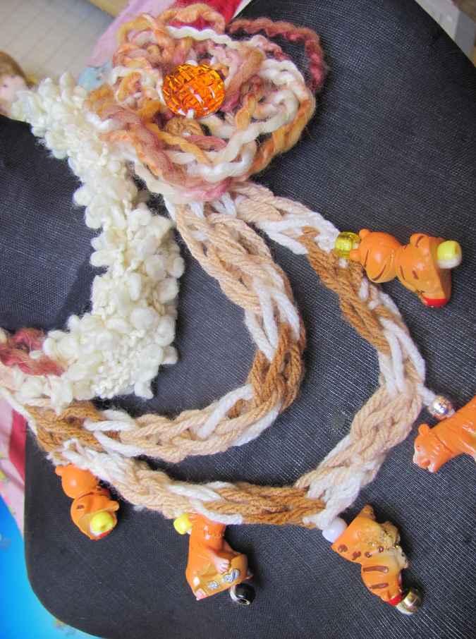large image of art item: accessory &ndash; necklace crochet orange white flower animals wooden