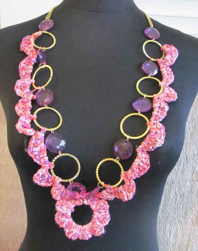 large image of art item: accessory &ndash; chestpiece necklace crochet pink rings gold
