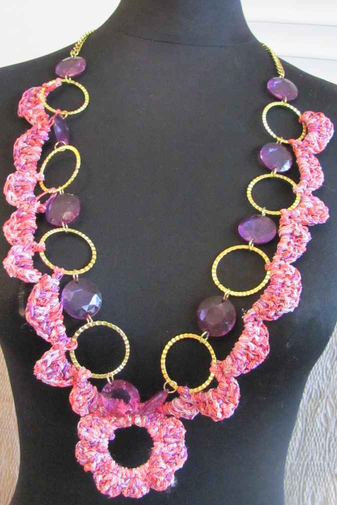large image of art item: accessory &ndash; chestpiece necklace crochet pink rings gold