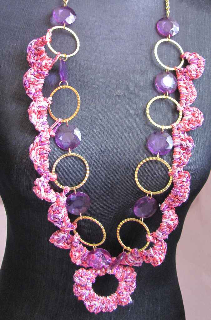 large image of art item: accessory &ndash; chestpiece necklace crochet pink rings gold