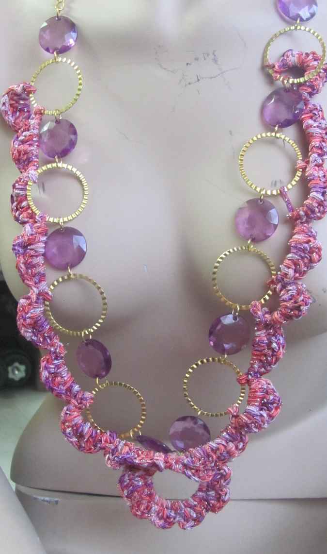 large image of art item: accessory &ndash; chestpiece necklace crochet pink rings gold