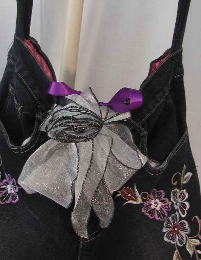 large image of art item: bag &ndash; black flower needlework ribbon gray