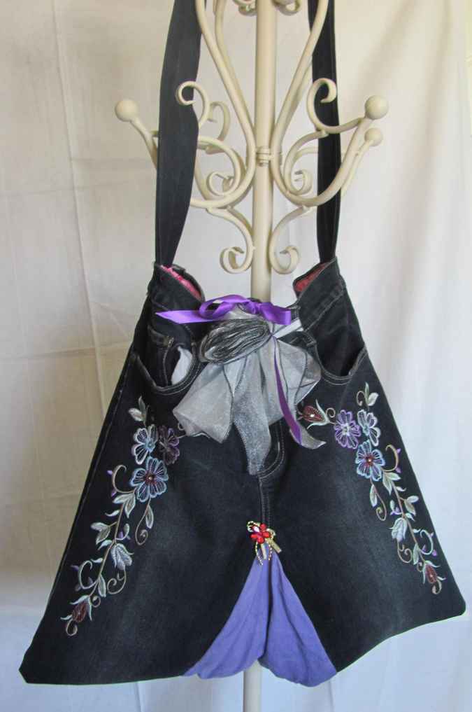 large image of art item: bag &ndash; black flower needlework ribbon gray