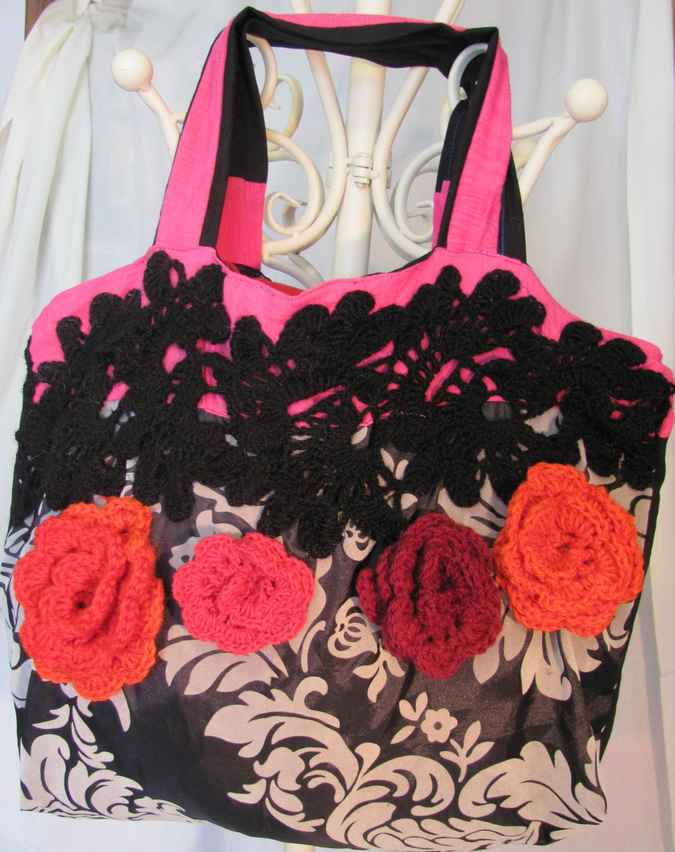large image of art item: bag &ndash; black motif plant white flower crochet red