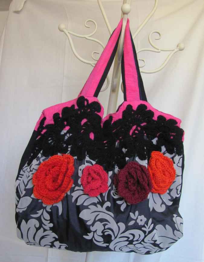 large image of art item: bag &ndash; black motif plant white flower crochet red