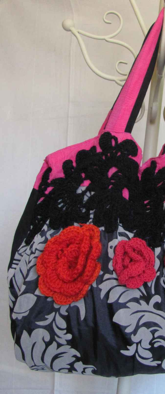 large image of art item: bag &ndash; black motif plant white flower crochet red