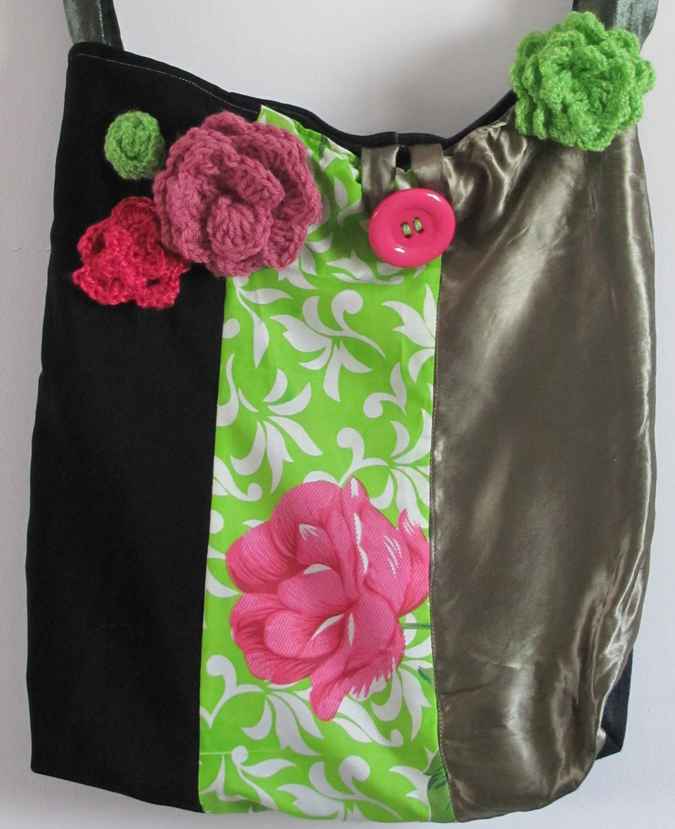 large image of art item: bag &ndash; black pink green crochet flowers and quiltwork