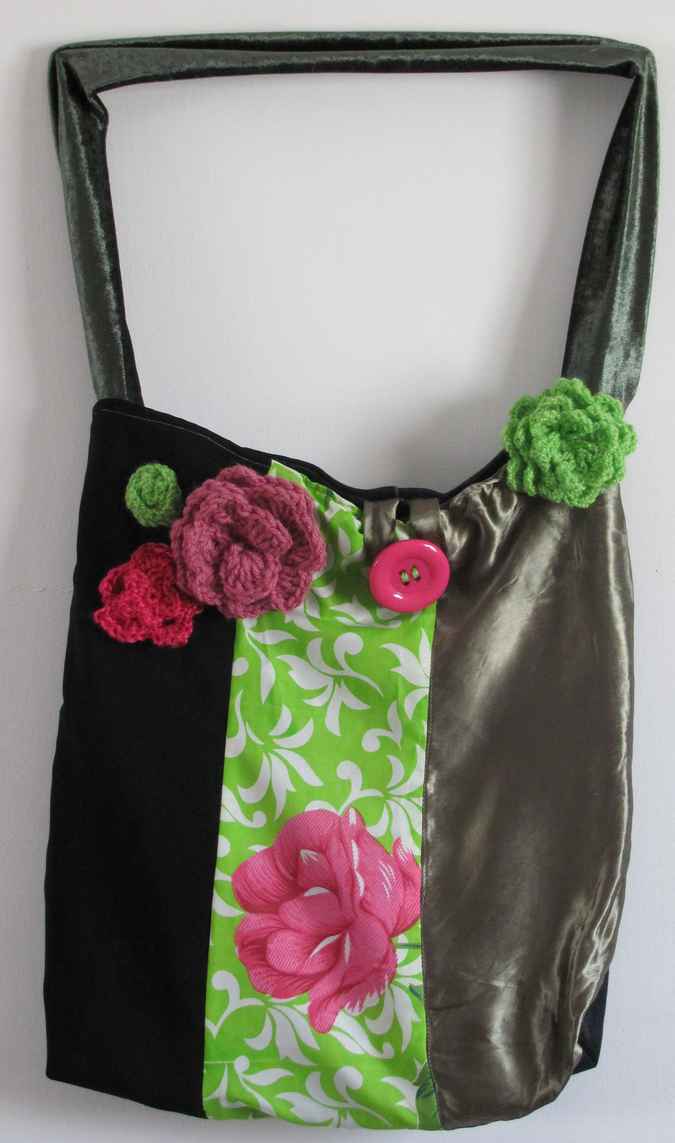 large image of art item: bag &ndash; black pink green crochet flowers and quiltwork