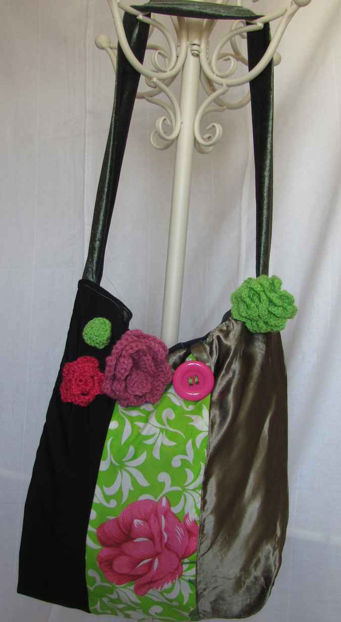 large image of art item: bag &ndash; black pink green crochet flowers and quiltwork