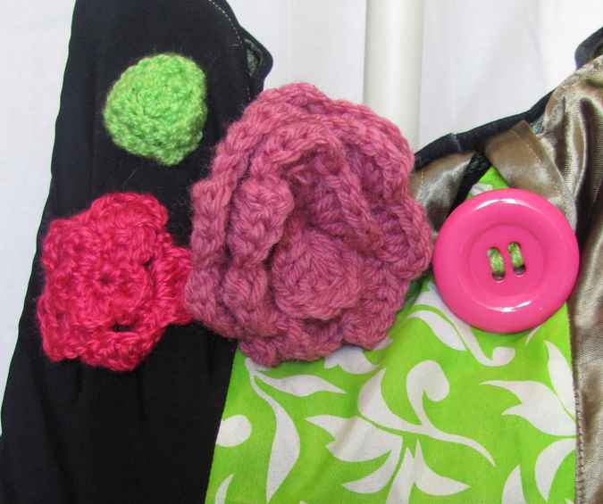 large image of art item: bag &ndash; black pink green crochet flowers and quiltwork