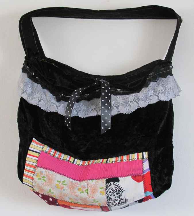large image of art item: bag &ndash; black with white lace pink quiltwork and black and white ribbon