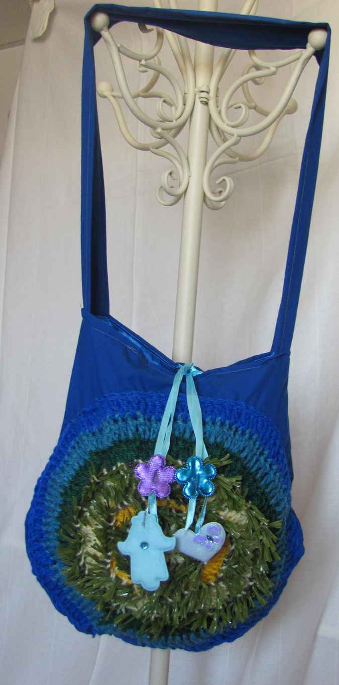 large image of art item: bag &ndash; blue with crochet disc blue green yellow