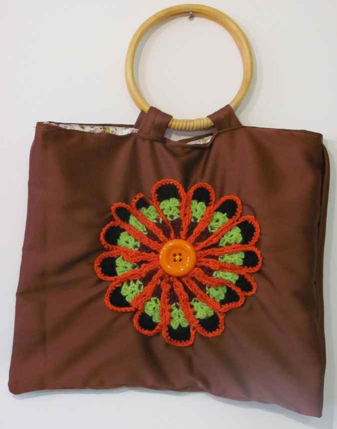 large image of art item: bag &ndash; brown crochet flower orange black green button orange