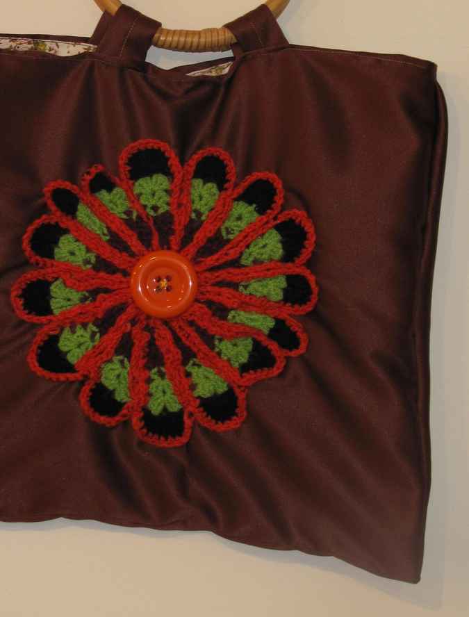 large image of art item: bag &ndash; brown crochet flower orange black green button orange
