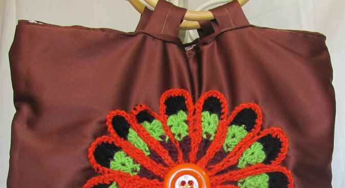 large image of art item: bag &ndash; brown crochet flower orange black green button orange