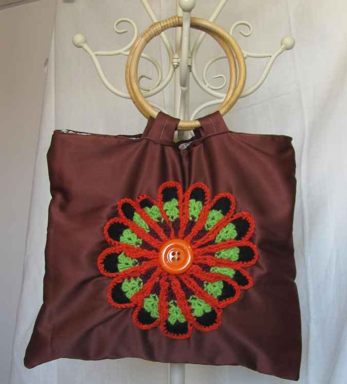 large image of art item: bag &ndash; brown crochet flower orange black green button orange