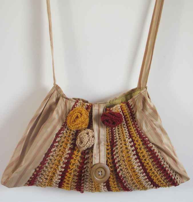 large image of art item: bag &ndash; brown crochet flower yellow crimson pink