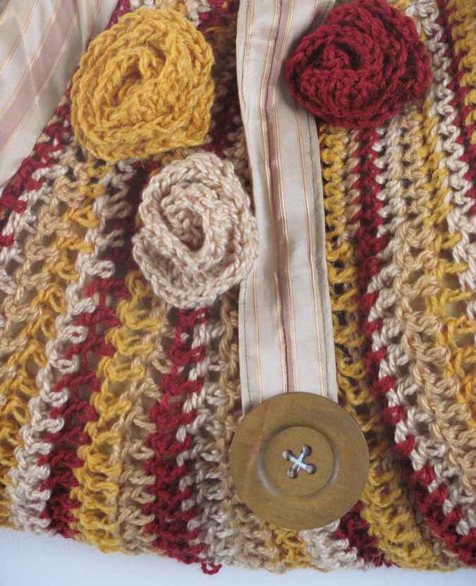 large image of art item: bag &ndash; brown crochet flower yellow crimson pink
