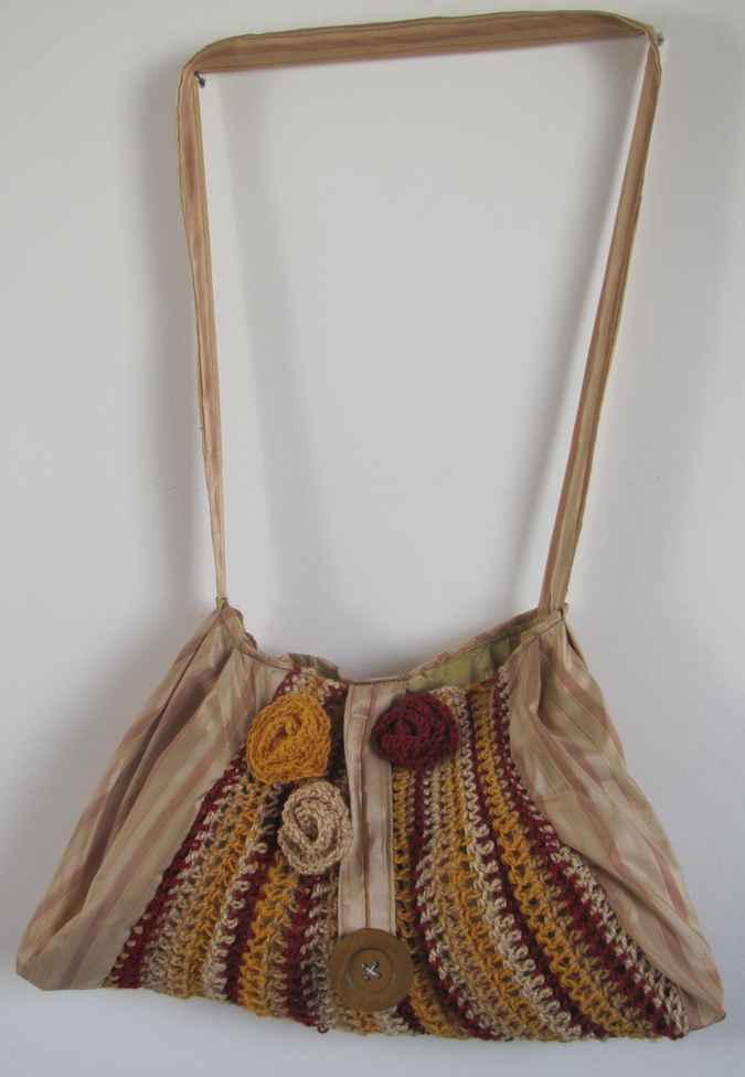 large image of art item: bag &ndash; brown crochet flower yellow crimson pink