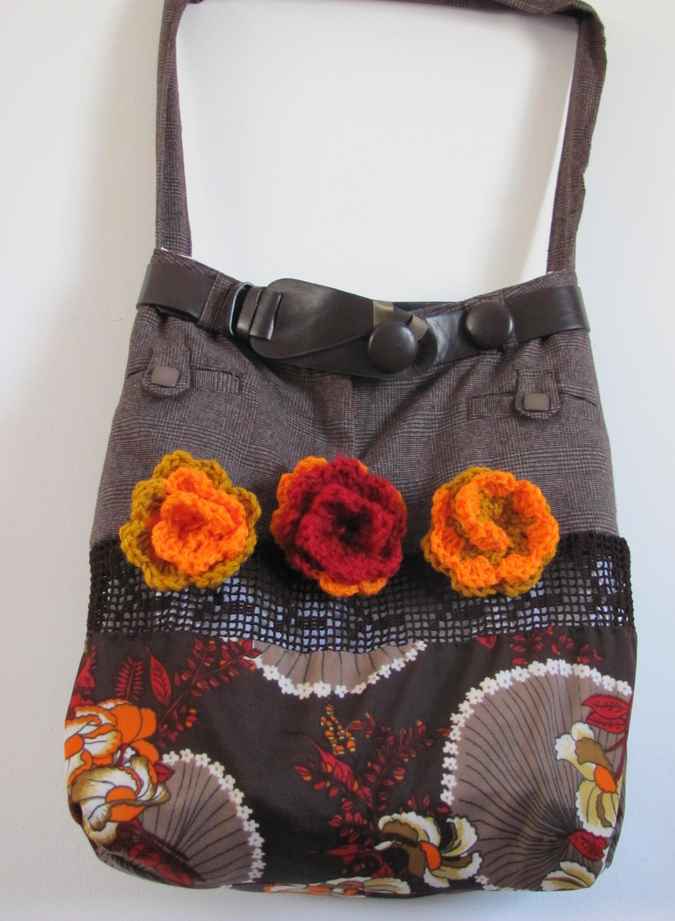large image of art item: bag &ndash; checkered motif plant crochet orange roses with leathery belt