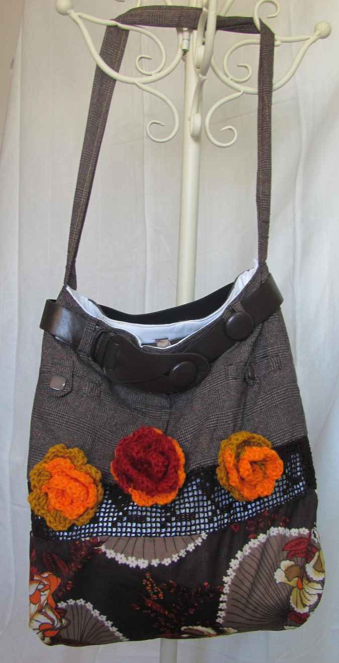large image of art item: bag &ndash; checkered motif plant crochet orange roses with leathery belt