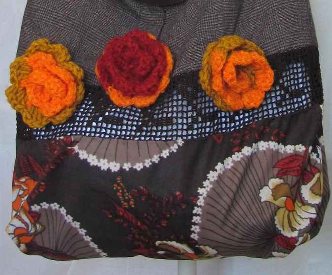 large image of art item: bag &ndash; checkered motif plant crochet orange roses with leathery belt