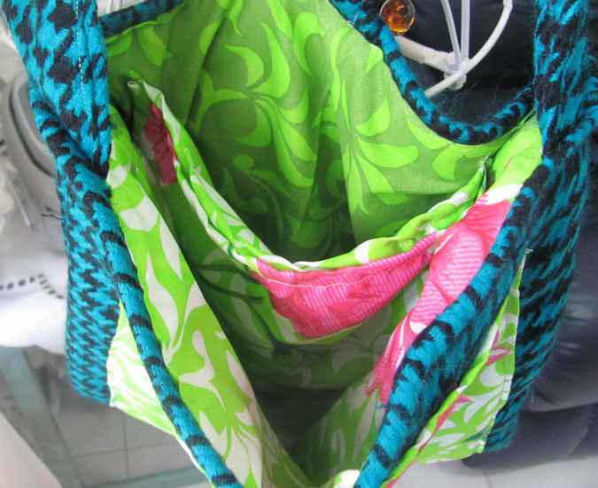 large image of art item: bag &ndash; checkred blue black motif leaves green white crochet flowers red pink