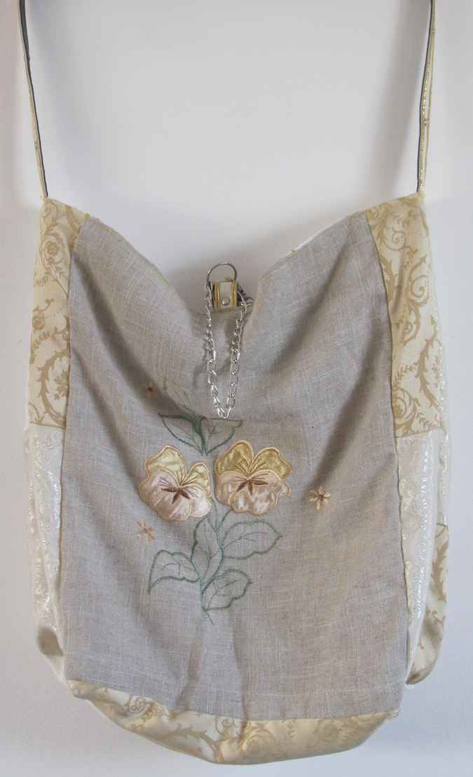 large image of art item: bag &ndash; cream gray gold with flowers needlework