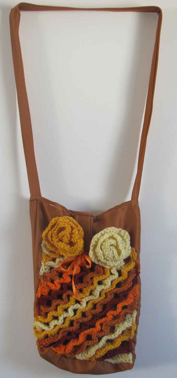 large image of art item: bag &ndash; crochet brown yellow orange white flowers and diagonals