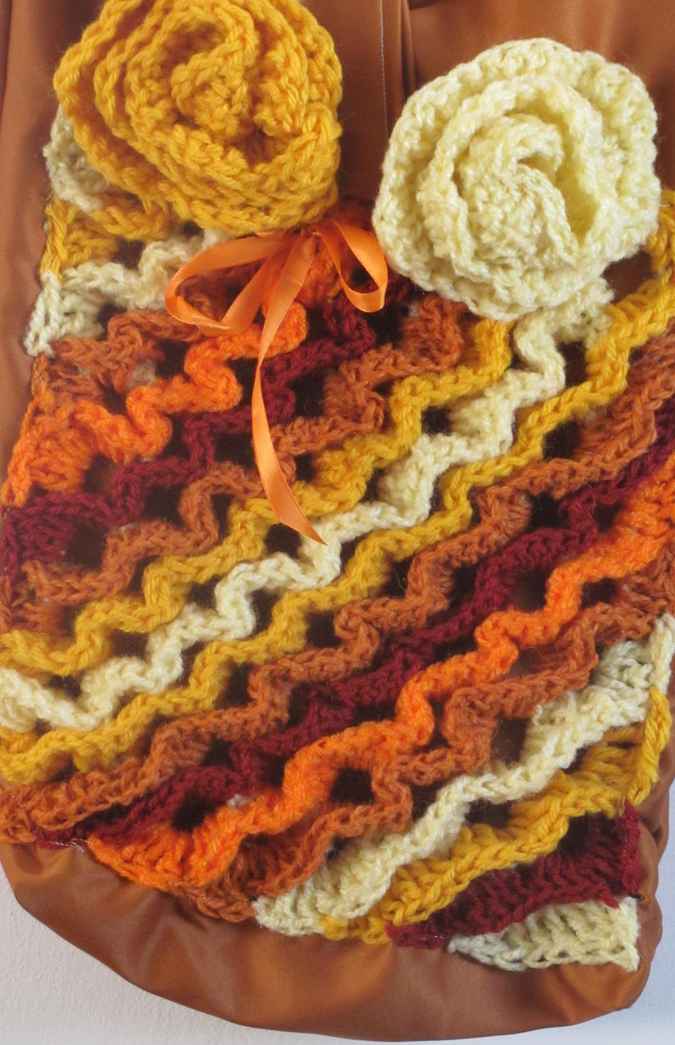 large image of art item: bag &ndash; crochet brown yellow orange white flowers and diagonals