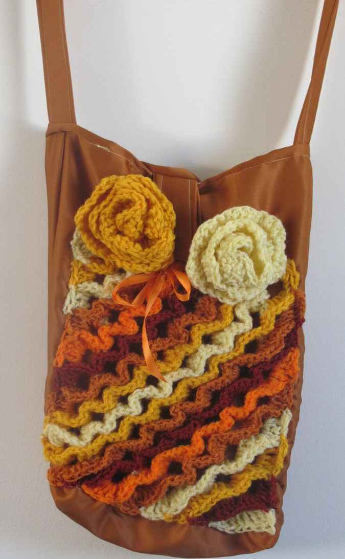 large image of art item: bag &ndash; crochet brown yellow orange white flowers and diagonals
