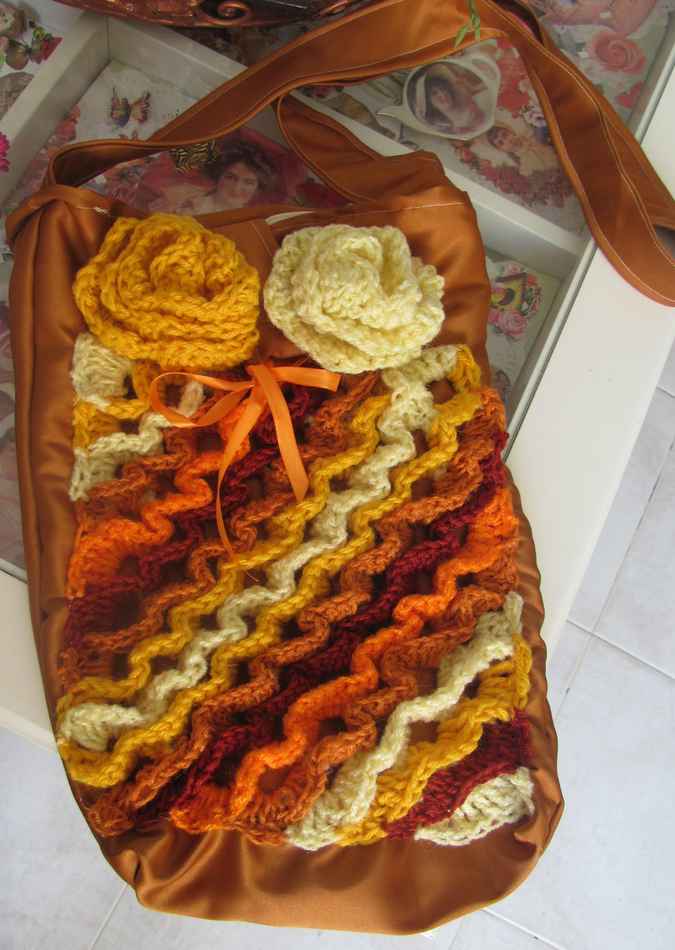 large image of art item: bag &ndash; crochet brown yellow orange white flowers and diagonals