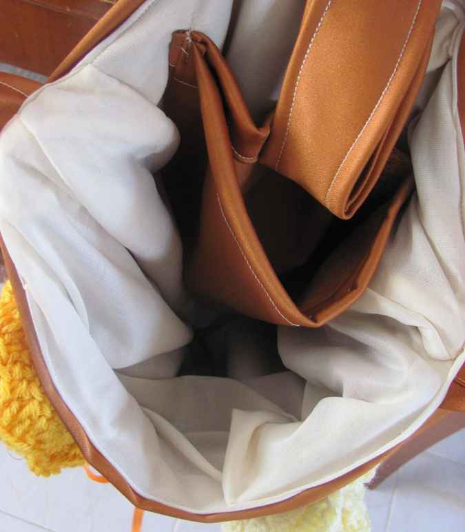 large image of art item: bag &ndash; crochet brown yellow orange white flowers and diagonals