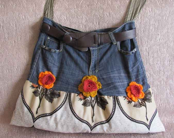 large image of art item: bag &ndash; jeans flowers orange