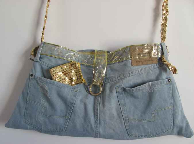 large image of art item: bag &ndash; jeans purse with gold sequins pouch and gold motif