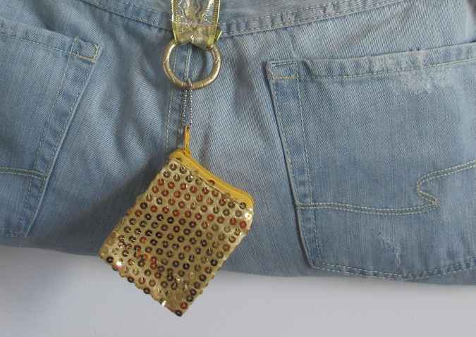 large image of art item: bag &ndash; jeans purse with gold sequins pouch and gold motif