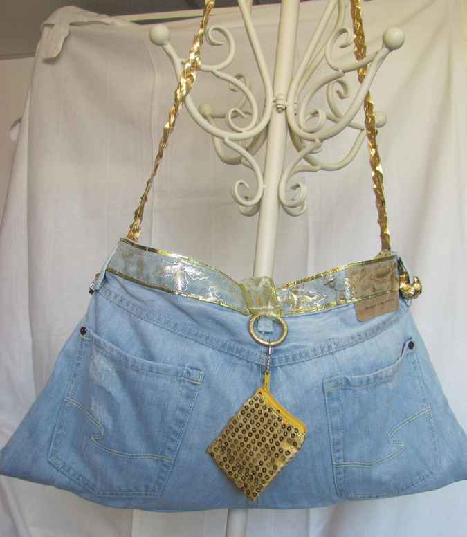 large image of art item: bag &ndash; jeans purse with gold sequins pouch and gold motif