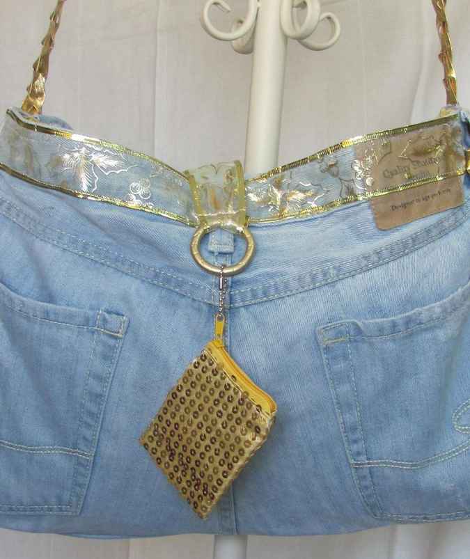 large image of art item: bag &ndash; jeans purse with gold sequins pouch and gold motif