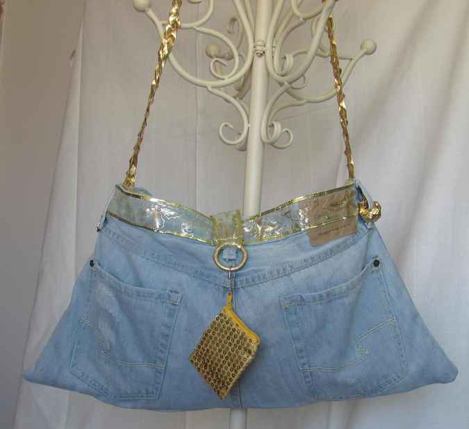 large image of art item: bag &ndash; jeans purse with gold sequins pouch and gold motif
