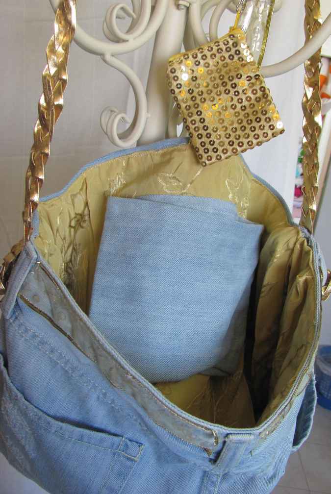 large image of art item: bag &ndash; jeans purse with gold sequins pouch and gold motif