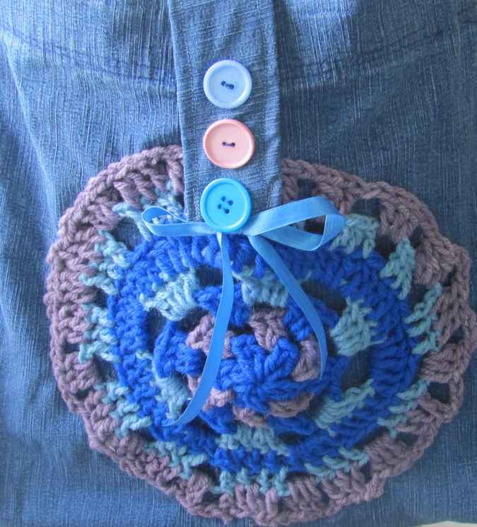 large image of art item: bag &ndash; jeans ribbon crochet disc blue brown buttons