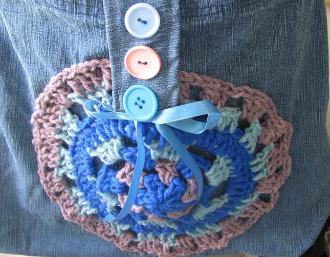 large image of art item: bag &ndash; jeans ribbon crochet disc blue brown buttons