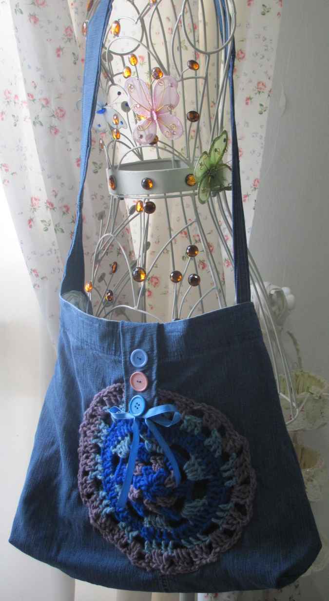 large image of art item: bag &ndash; jeans ribbon crochet disc blue brown buttons