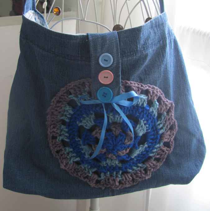 large image of art item: bag &ndash; jeans ribbon crochet disc blue brown buttons